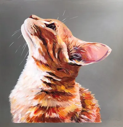 Acrylic-on-aluminum portrait of Chauncey, an orange tabby cat in profile