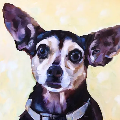 Acrylic portrait of a black-and-tan chihuahua with oversized ears against a yellow background