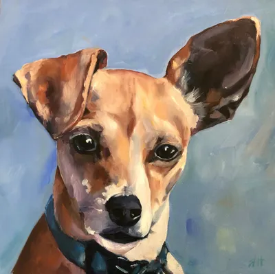 Oil portrait of a tan chihuahua mix with large ears against a blue background