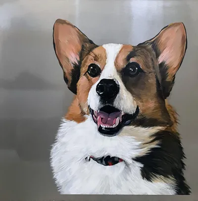 Acrylic-on-aluminum portrait of a tri-color corgi with mouth open