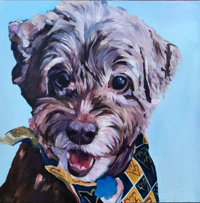 Acrylic portrait of a smiling doodle puppy wearing a West Virginia bandana