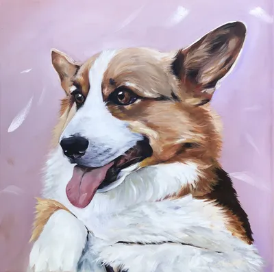 Oil portrait of Gracie, a tri-color corgi against a soft pink background