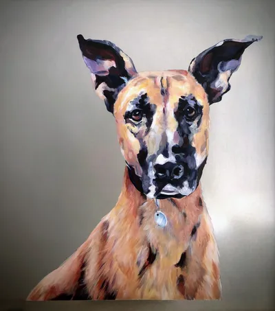 Acrylic-on-aluminum portrait of a brindle Great Dane