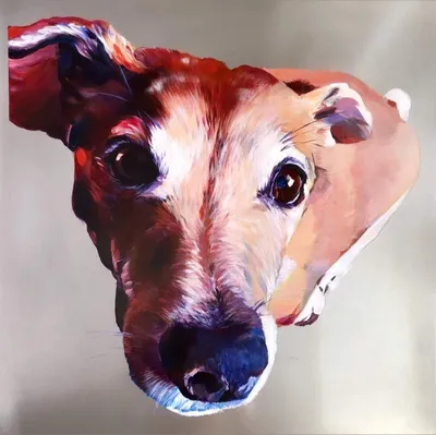 Acrylic-on-aluminum close-up portrait of a red-and-white Jack Russell terrier