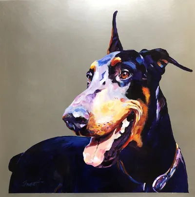 Acrylic-on-aluminum portrait of Jackson, a black and tan Doberman