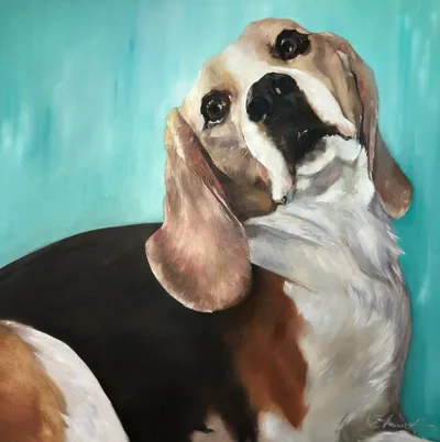 Oil portrait of Kessy, a beagle looking up against a teal background