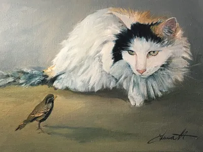 Oil-on-linen portrait of Lani, a long-haired tuxedo cat watching a small bird
