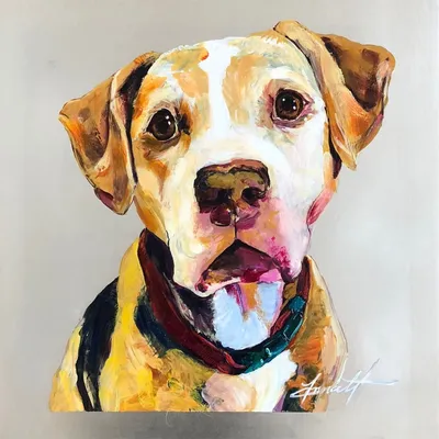 Acrylic-on-aluminum portrait of Mocha, a yellow Labrador with mouth open