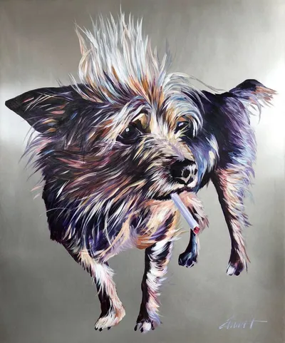 Acrylic-on-aluminum portrait of a windswept scruffy terrier
