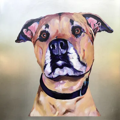 Acrylic-on-aluminum portrait of a tan pit bull mix with a black collar