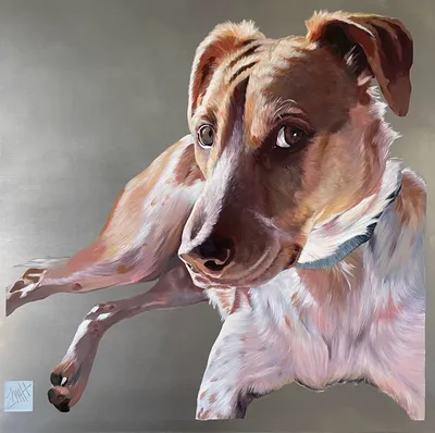 Acrylic-on-aluminum portrait of a tan-and-white terrier mix resting