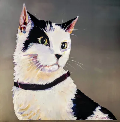 Acrylic-on-aluminum portrait of a black-and-white tuxedo cat in profile