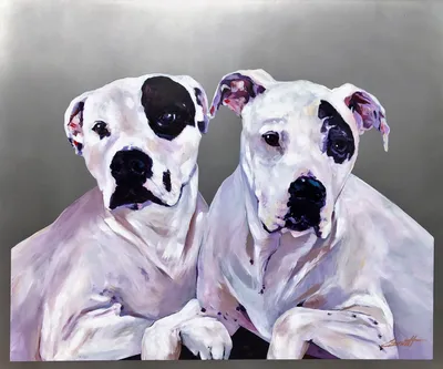Acrylic-on-aluminum portrait of two white-and-black pit bulls together