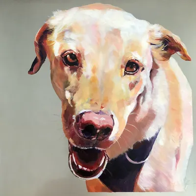 Acrylic-on-aluminum portrait of a smiling yellow Labrador